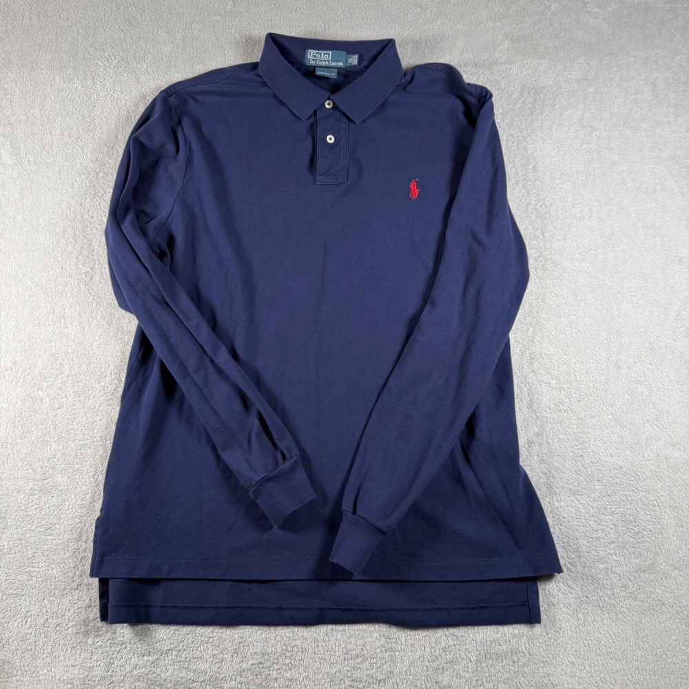 Polo Ralph Lauren Polo Shirt Mens XL Navy Blue Long Sleeve Custom Fit Red Pony